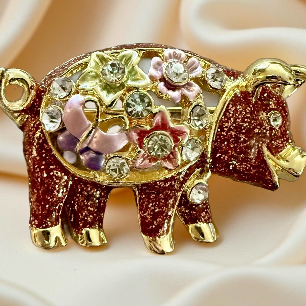 Floral Pig Brooch with Crystals